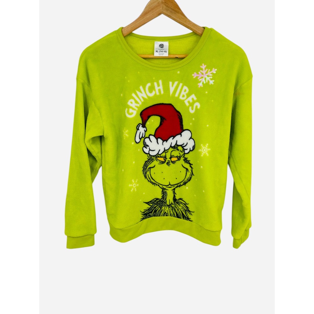 The Grinch‎ Vibes Pullover Sweatshirt Kids XL 14 16 Green Fleece